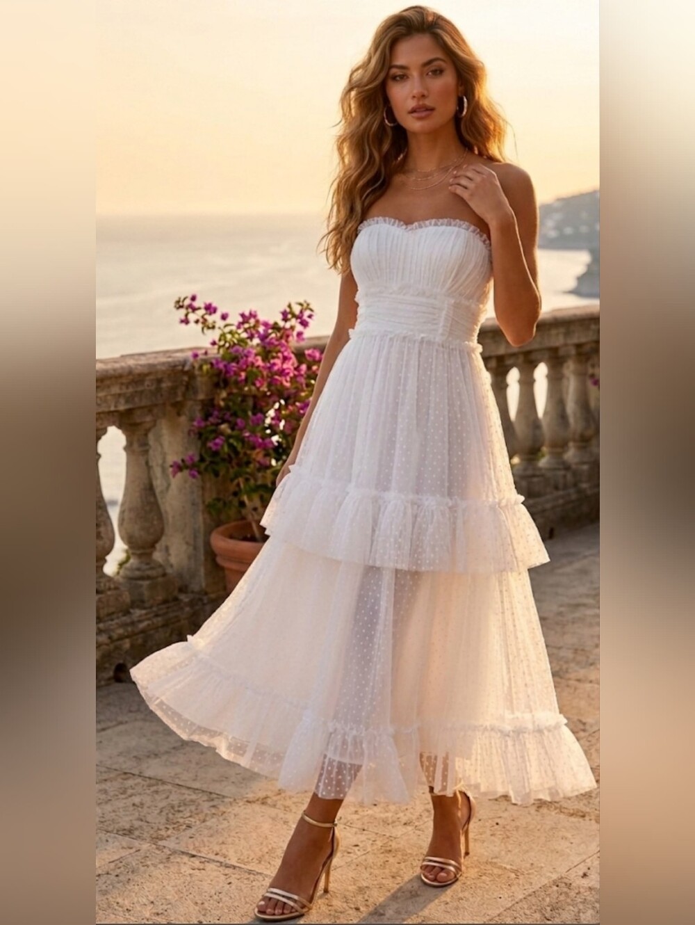 Lulu's Delightful Bliss White Mesh Swiss Dot Strapless Midi Dress Size S